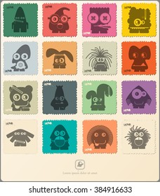 Set of retro postage`s stamp with funny monsters. Cartoon illustration. Vector set.