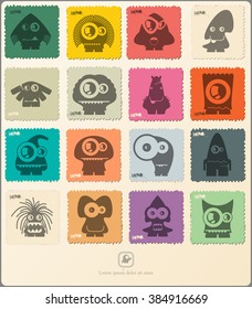 Set of retro postage`s stamp with funny monsters. Cartoon illustration. Vector set.
