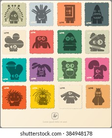 Set of retro postage`s stamp with funny monsters. Cartoon illustration. Vector set.