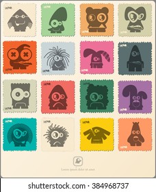 Set of retro postage`s stamp with funny monsters. Cartoon illustration. Vector set.