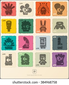 Set of retro postage`s stamp with funny monsters. Cartoon illustration. Vector set.