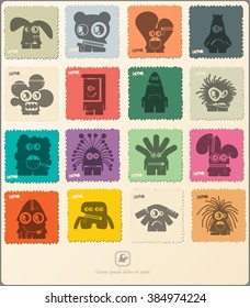 Set of retro postage`s stamp with funny monsters. Cartoon illustration. Vector set.