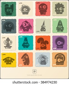 Set of retro postage`s stamp with funny monsters. Cartoon illustration. Vector set.