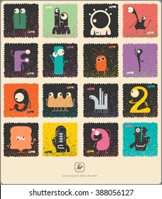 Set of retro postage`s stamp with funny monsters. Cartoon illustration. Vector set.