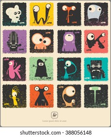 Set of retro postage`s stamp with funny monsters. Cartoon illustration. Vector set.