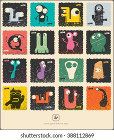 Set of retro postage`s stamp with funny monsters. Cartoon illustration. Vector set.