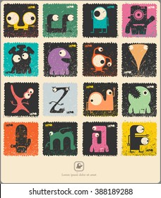 Set of retro postage`s stamp with funny monsters. Cartoon illustration. Vector set.