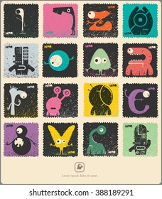 Set of retro postage`s stamp with funny monsters. Cartoon illustration. Vector set.