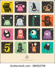 Set of retro postage`s stamp with funny monsters. Cartoon illustration. Vector set.