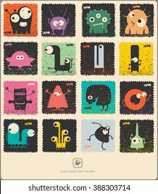 Set of retro postage`s stamp with funny monsters. Cartoon illustration. Vector set.