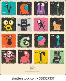 Set of retro postage`s stamp with funny monsters. Cartoon illustration. Vector set.