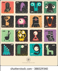 Set of retro postage`s stamp with funny monsters. Cartoon illustration. Vector set.