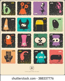 Set of retro postage`s stamp with funny monsters. Cartoon illustration. Vector set.