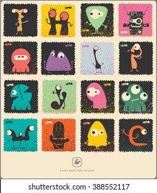 Set of retro postage`s stamp with funny monsters. Cartoon illustration. Vector set.