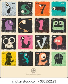 Set of retro postage`s stamp with funny monsters. Cartoon illustration. Vector set.