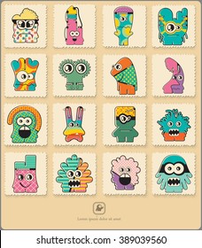 Set of retro postage`s stamp with funny color monsters. Cartoon illustration. Vector set.