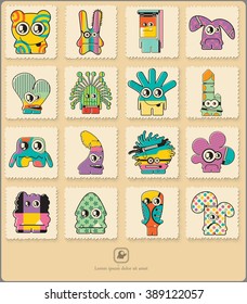 Set of retro postage`s stamp with funny color monsters. Cartoon illustration. Vector set.