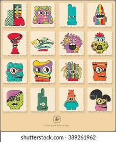 Set of retro postage`s stamp with funny color monsters. Cartoon illustration. Vector set.