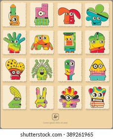 Set of retro postage`s stamp with funny color monsters. Cartoon illustration. Vector set.