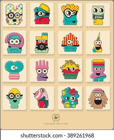 Set of retro postage`s stamp with funny color monsters. Cartoon illustration. Vector set.