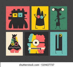 Set of retro postage`s stamp with funny monsters on different color background, . Cartoon illustration.