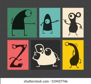 Set of retro postage`s stamp with funny monsters on different color background, . Cartoon illustration.