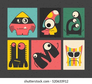 Set of retro postage`s stamp with funny monsters on different color background, . Cartoon illustration.