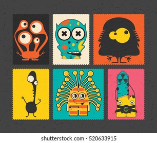 Set of retro postage`s stamp with funny monsters on different color background, . Cartoon illustration.
