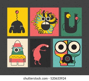 Set of retro postage`s stamp with funny monsters on different color background, . Cartoon illustration.