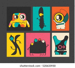 Set of retro postage`s stamp with funny monsters on different color background, . Cartoon illustration.