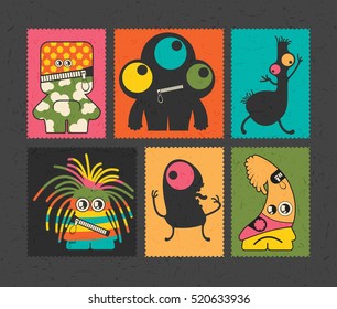 Set of retro postage`s stamp with funny monsters on different color background, . Cartoon illustration.