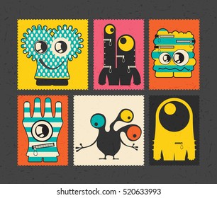 Set of retro postage`s stamp with funny monsters on different color background, . Cartoon illustration.