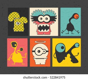 Set of retro postage`s stamp with funny monsters on different color background, . Cartoon illustration.