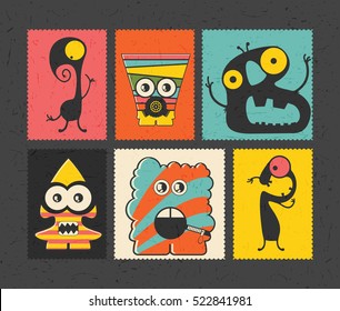 Set of retro postage`s stamp with funny monsters on different color background, . Cartoon illustration.