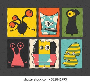 Set of retro postage`s stamp with funny monsters on different color background, . Cartoon illustration.