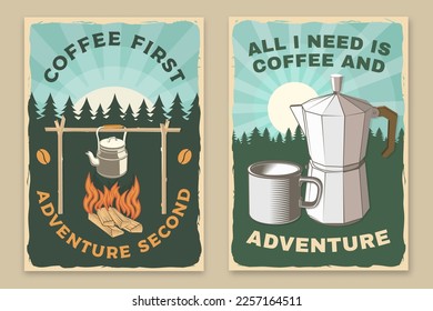 Set of retro poster, banner with travel inspirational quotes. Vector Concept for shirt or logo, print, stamp or tee. Design with retro camping tea kettle, geyser coffee maker, and mug silhouette