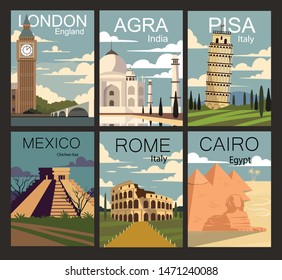 Set of retro posters: Agra, Mexico, Pisa, London, Rome, Cairo.