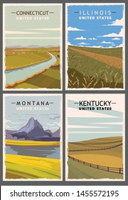 Set of retro posters of the American States. Kentucky, Montana, Illinois, Connecticut.