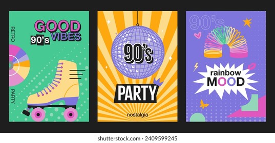 Set of retro posters. Back to the 90s, nostalgic party, vibes, mood. Vector design for brochure, post, postcard for event