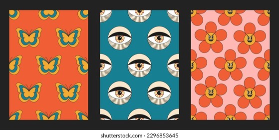 Set of retro posters with cacti and psychedelic mushrooms. Can be used as vintage stylish flyers, wallpapers, postcards, posters. Stylish vector illustration using trendy color palette.