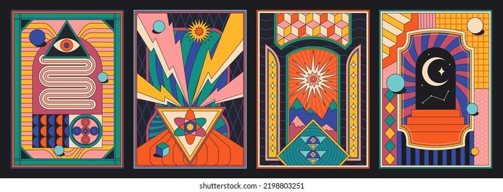 Set of retro posters. Colorful psychedelic banners or covers with abstract geometric shapes and moon. Design elements for wall decoration. Cartoon flat vector collection isolated on black background