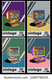 Establece los afiches Retro con estética de computadora. PC con teclado monitor y ratón en estilo retro. Afiches estéticos de estilo vaporwave vintage. Etiqueta de nostalgia de los años 90 con retro pc. Se usa como impresión fría