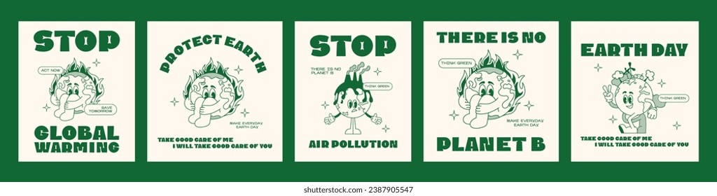 Set retro posters earth ecology.  Mascot character walking Earth planet, save planet, global warming hippy vintage comic vector set. Earth day, protection environment isolated on background