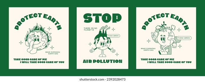 Set retro posters earth ecology.  Mascot character walking Earth planet, save planet, global warming hippy vintage comic vector set. Earth day, protection environment isolated on background