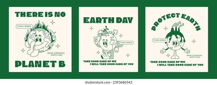 Set retro posters earth ecology.  Mascot character walking Earth planet, save planet, global warming hippy vintage comic vector set. Earth day, protection environment isolated on background