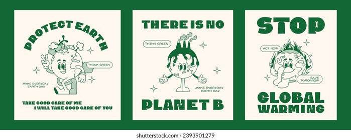 Set retro posters earth ecology.  Mascot character walking Earth planet, save planet, global warming hippy vintage comic vector set. Earth day, protection environment isolated on background