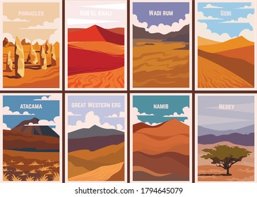 Set of retro posters Famous deserts of the world. Vector illustrations of deserts.