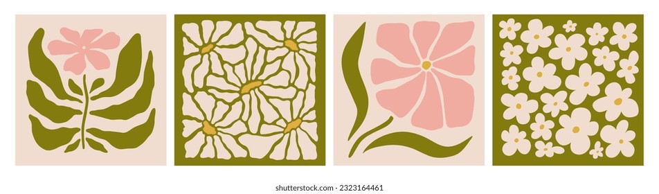 Set of retro posters with flowers. Interior painting. Colorful illustrations of flowers for covers, and pictures. Vector illustration.