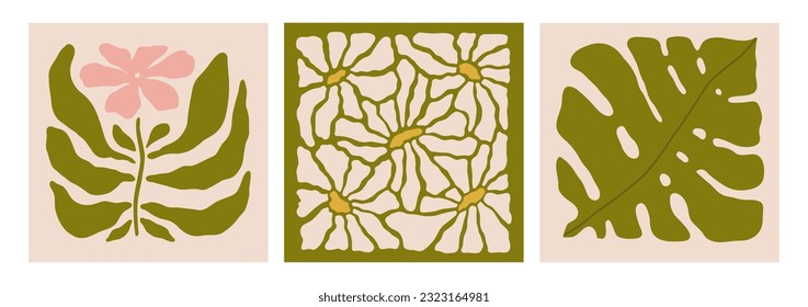Afiches retro con flores. Pintura interior. Coloridas y modernas ilustraciones de flores para portadas y fotos. Ilustración vectorial.