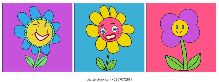 set of retro posters of flowers with smiles
